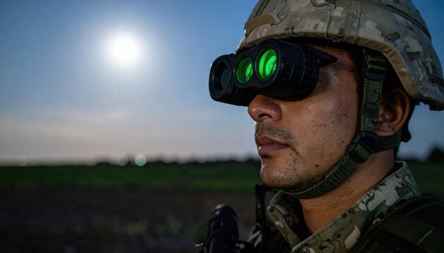 Military soldier wearing tactical night vision goggles in outdoor field with sun overhead