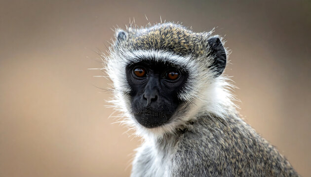 Close up portrait of a vervet monkey with striking eyes and detailed fur in its natural wild habitat
