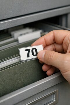 A hand reaching into a filing cabinet to pick up a folder