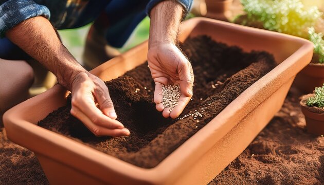 urban gardener sowing heirloom seeds in terracotta pot for sustainable food production