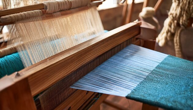 wooden loom shuttle carrying wool thread through warp during textile production