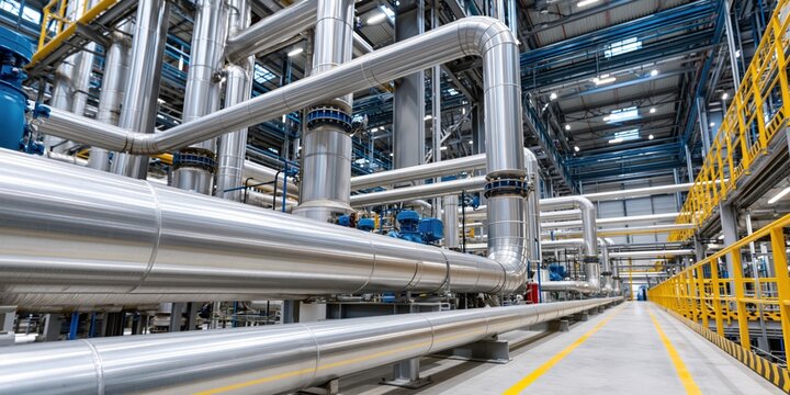 An expansive view of metallic pipes in a modern industrial facility, showcasing the complexity of manufacturing processes and highlighting the efficiency of contemporary engineering designs.
