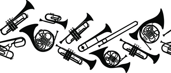 Seamless border pattern of brass musical instruments including trumpets, french horns, and trombones on white background © Abida