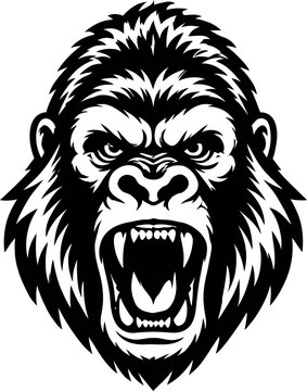 Gorilla head, angry gorilla, black and white vector, illustration, animal face