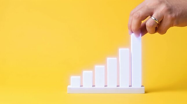 Hand Placing White Block on Growing Chart Minimalist Workspace