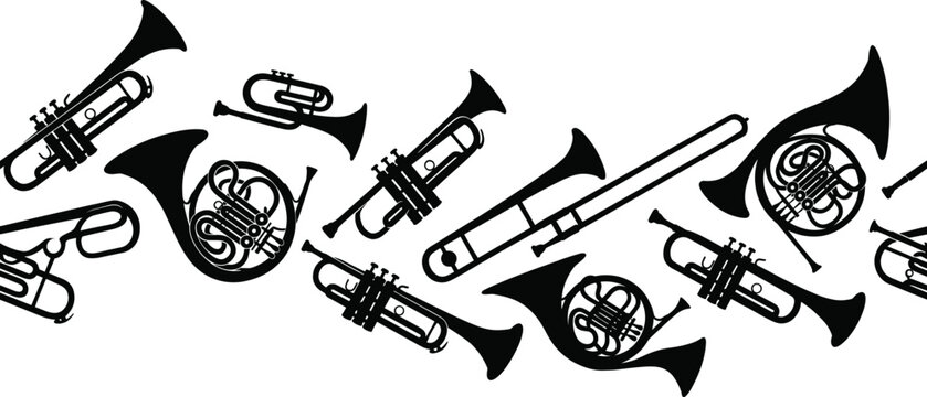 Seamless border pattern of brass musical instruments including trumpets, french horns, and trombones on white background