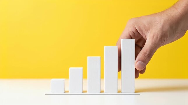 Hand Placing White Block on Growing Chart Against Yellow Background