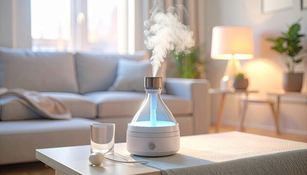 Modern aroma diffuser emitting white mist with blue internal light on a table in a cozy living room setting