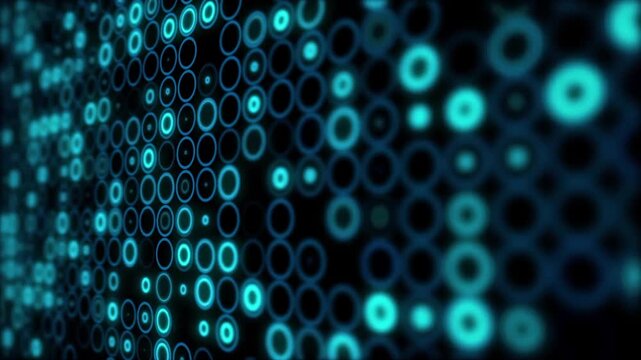 A modern abstract looping animated background featuring a grid of glowing neon circles (light blue cyan) on a dark surface. The bokeh depth of field effect gives a dynamic three-dimensional feel.