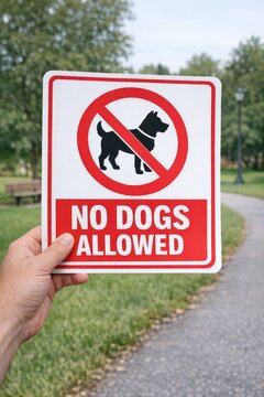 A person holding up a 'no dogs allowed' sign for entrance to a specific area or event