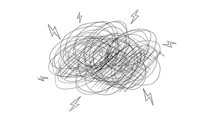 Messy scribble cloud with lightning bolts, abstract line art concept on transparent background. A chaotic tangled scribble cloud surrounded by hand-drawn lightning bolt icons. © Iryna