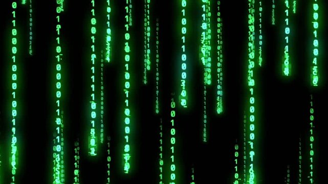 a stream of neon green digital binary code (numbers 0 and 1) falling vertically downwards with a glowing effect.