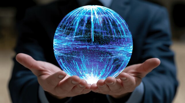 Professional executive showcasing a glowing digital orb of big data and tech elements, symbolizing futuristic corporate innovation and success.