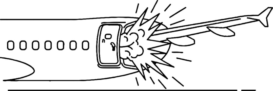 Damaged airplane window with explosive decompression effect illustration.