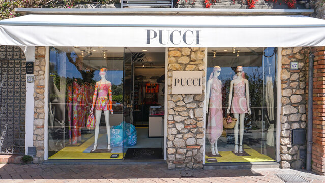 Capri, Italy - May 09, 2026: Pucci store sign in Capri, Italy