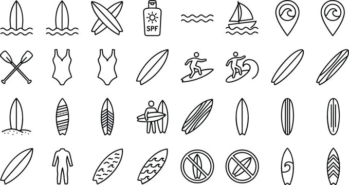 Surfing and beach water sports line icon set featuring surfboards surfers waves sunscreen lotion swimsuits paddles sailboats and ocean recreation symbols vector illustration
