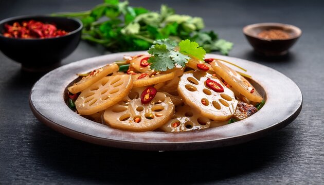 chinese lotus root stir fry served hot with red chili mala lotus lian ou sliced in chili and coriander