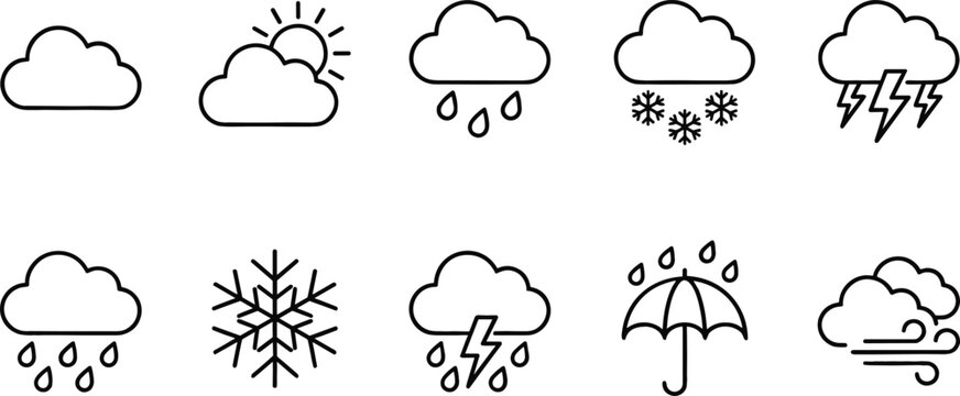 Weather forecast outline line icon set featuring clouds sun rain snow sleet thunderstorm lightning umbrella and wind meteorology climate symbols vector illustration