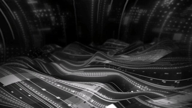 An abstract animation with a futuristic, monochrome feel. It features dynamic, undulating waves that resemble digital circuits or data streams. 
