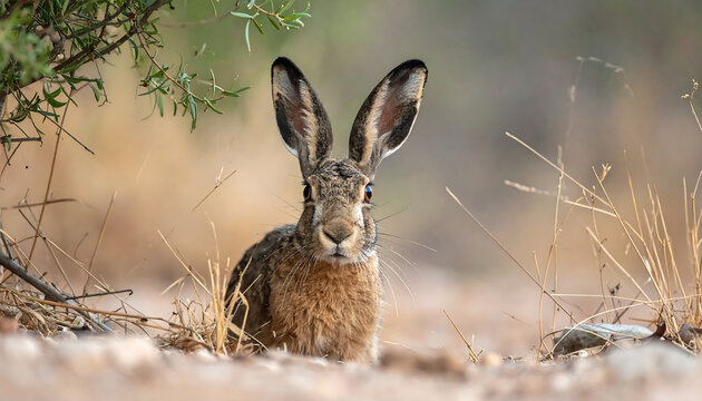 Close up portrait of a wild hare with large ears looking directly at the camera in natural dry habitat
