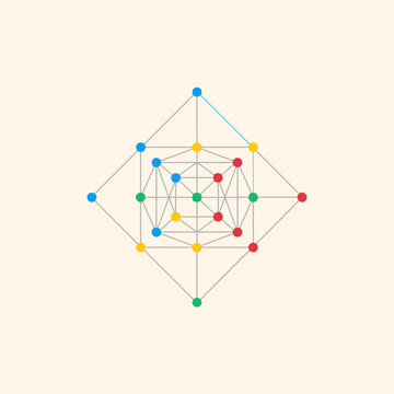 Abstract geometric illustration of a complex network with colorful nodes and connecting lines, symbolizing data structures, interconnected systems, technology, and abstract ideas.