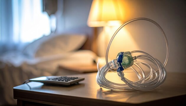 Neatly coiled nasal cannula oxygen tubing and remote on a hospital bedside table with a lamp