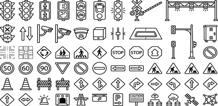 Road traffic control and infrastructure icons vector set with navigation