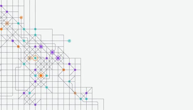 Abstract geometric network pattern with colorful dots on a white background, representing connection and data flow