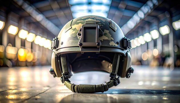 Modern soldier's tactical helmet with digital camouflage cover and rail attachments, ready for action