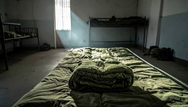 Neatly folded army issue green wool blanket on a military cot in sparse room with bunk beds