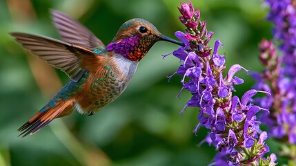 Obraz premium Close-up of a vibrant hummingbird hovering and feeding from bright purple flowers in a lush summer garden.
