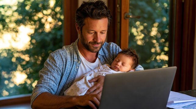 Dedicated dad balancing career and family by working on a computer while holding his infant child in a bright home environment.