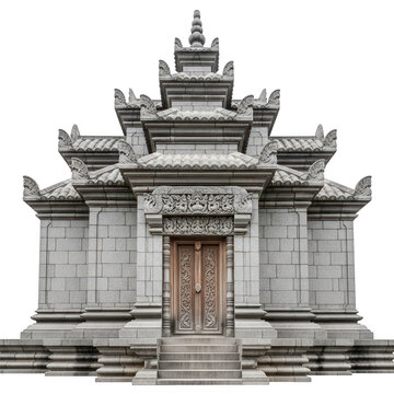 Traditional balinese stone temple gate entrance with ornate carvings and wooden doors isolated on transparent background