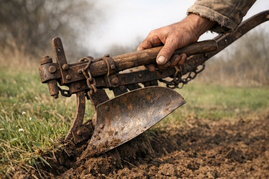 A person uses a plow to till the soil in a green field