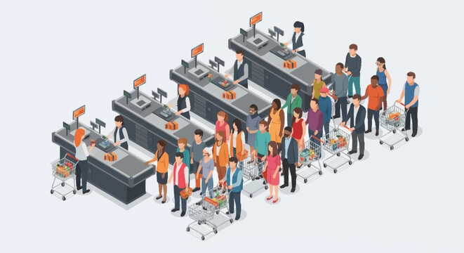 People standing in line at restaurant counters.
