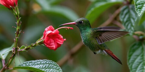 Fototapeta premium This stunning image captures a hummingbird hovering delicately by a vibrant red flower, showcasing the beauty of nature and the symbiotic relationship between species.