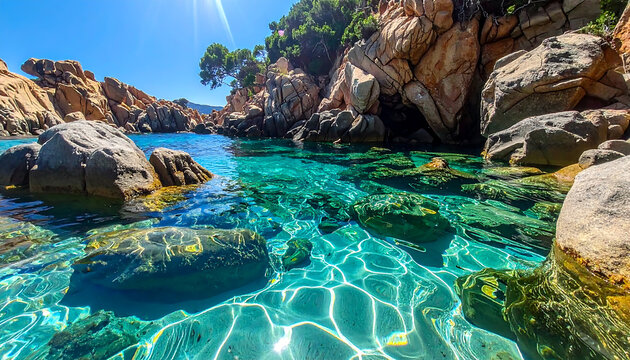 Crystal clear turquoise water lapping against rugged rocky coastline with lush green trees under bright sun