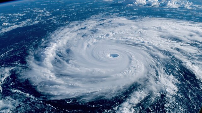 Satellite perspective of a large intense tropical cyclone forming dramatic cloud spirals over the dark ocean waters.