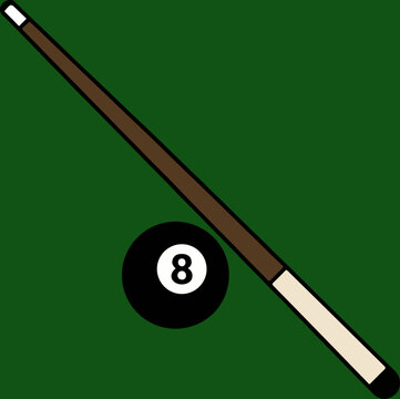 Illustration of a pool cue and an eight ball on a green billiard table background.