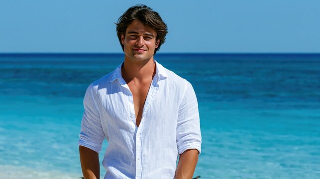 Stylish young man wearing a relaxed unbuttoned shirt during a summer getaway at a scenic tropical beach destination.