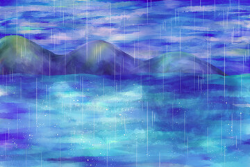 Fototapeta premium 雨模様の夜の海と山の手描き風景