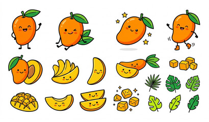 Obraz premium Cute cartoon mango fruit vector set with tropical doodle illustrations isolated on white background