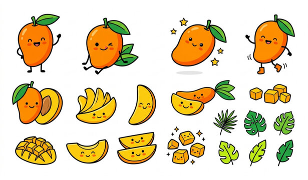 Cute cartoon mango fruit vector set with tropical doodle illustrations isolated on white background