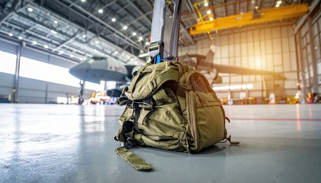 Neatly folded military parachute pack with harness and release handle in aviation hangar with aircraft