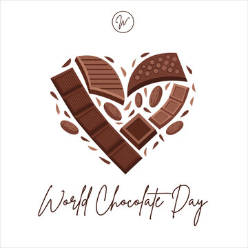 Creative heart shaped design made of assorted chocolate bars and nuts for world chocolate day celebration concept with letter w icon at top center.
