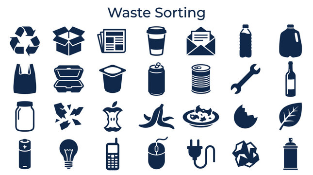 Collection of icons representing different types of waste for recycling and sorting purposes