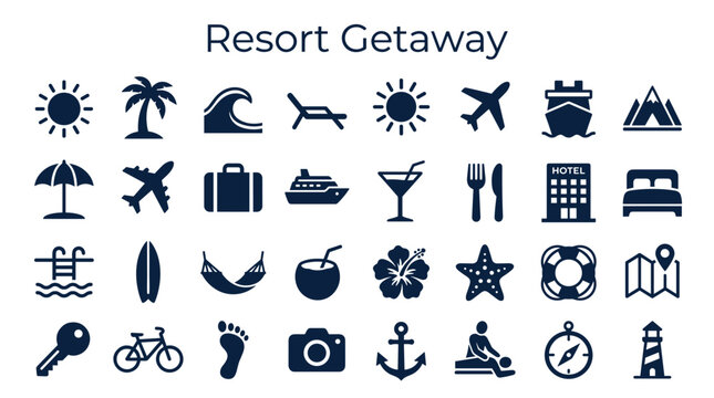 Collection of resort getaway icons representing travel vacation and leisure activities like beach sun sea and relaxation