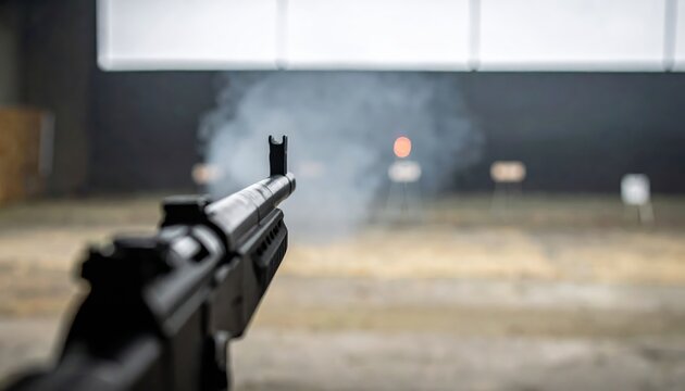 Muzzle of a Suppressed Rifle Emitting Faint Smoke Wisps After a Shot at an Outdoor Shooting Range