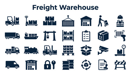 Fototapeta premium Freight Warehouse Logistics Icons Set Collection of Shipping and Delivery Services Symbols Flat Design Vector Illustration