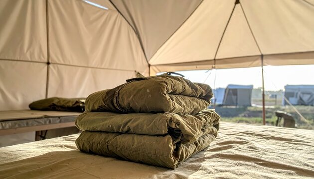 Neatly folded olive drab military blankets stacked on a cot inside a canvas tent, representing outdoor preparedness and comfort.